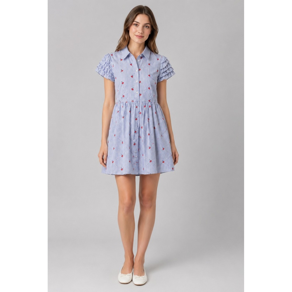 Draper James Cherry Girl Orchard Shirt Dress Women 4 Blue White Cotton Pockets